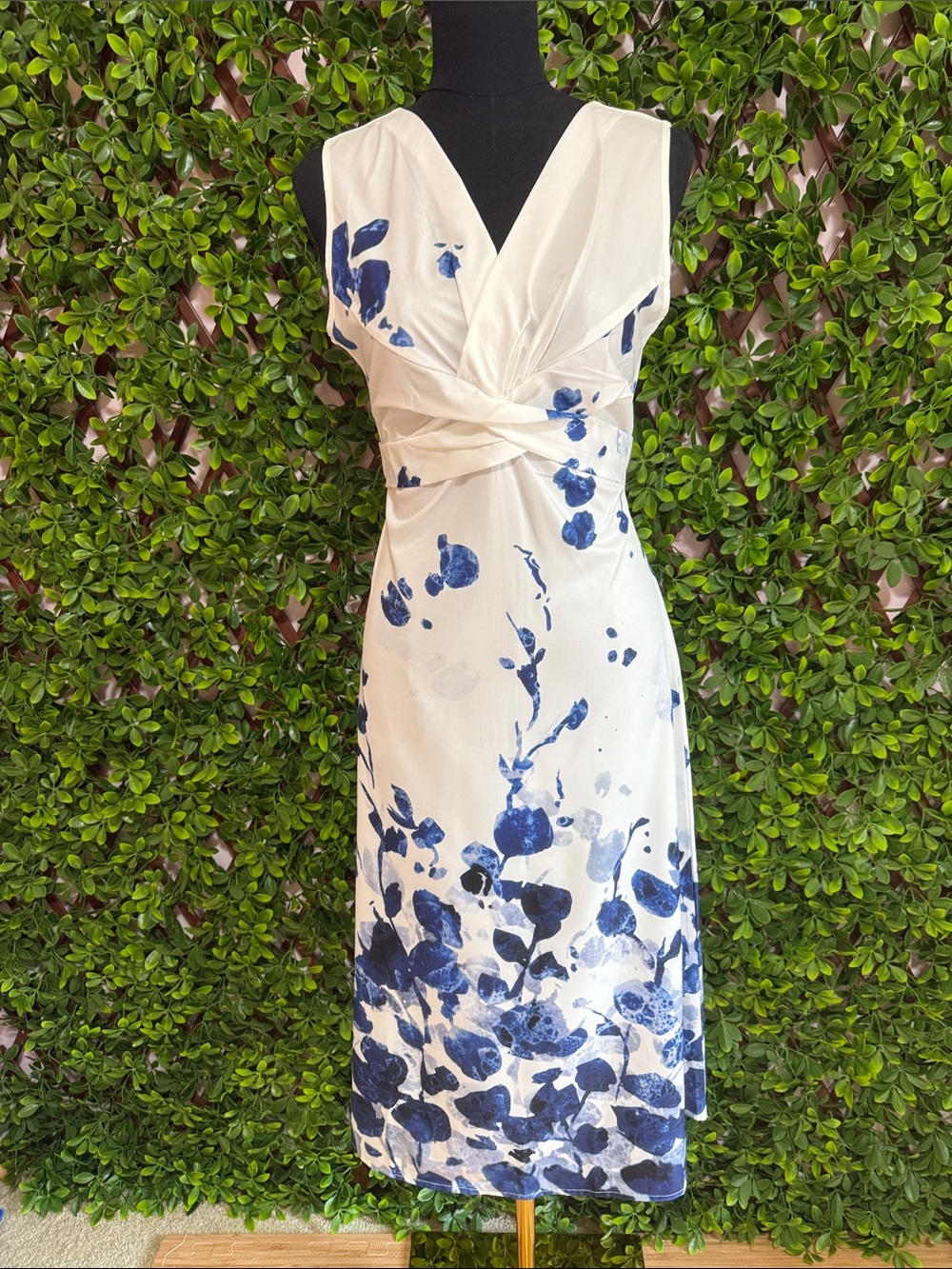 Elegant White and Blue Floral Twist-Front Dress